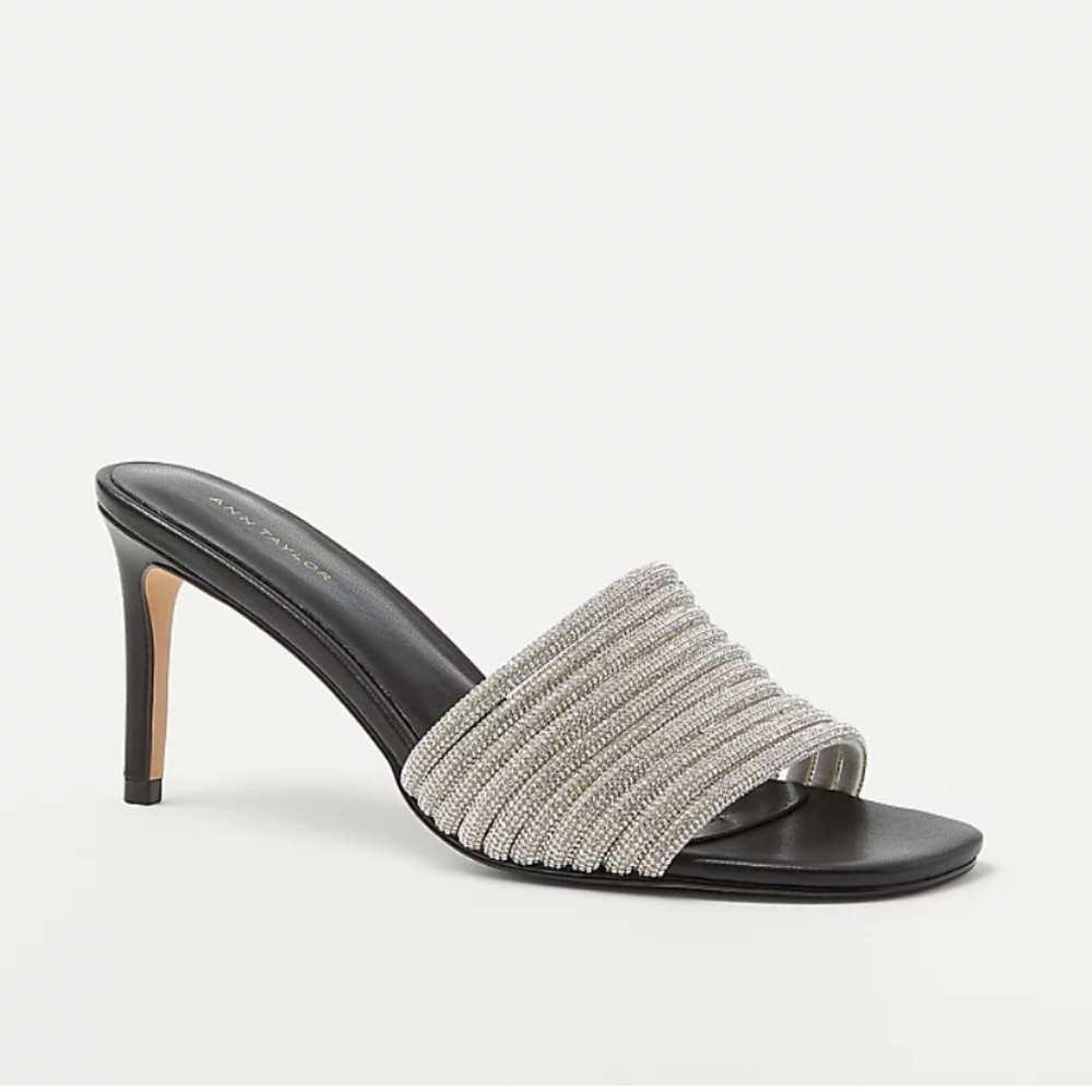 NEW ANN TAYLOR Crystal Tube Black Mule Slide Sandal Heels SIZE 9.5